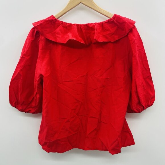 Madewell Womens Size Large Ruffled Y-Neck Top in Cotton-Silk in Festival Red 349 - Picture 4 of 9